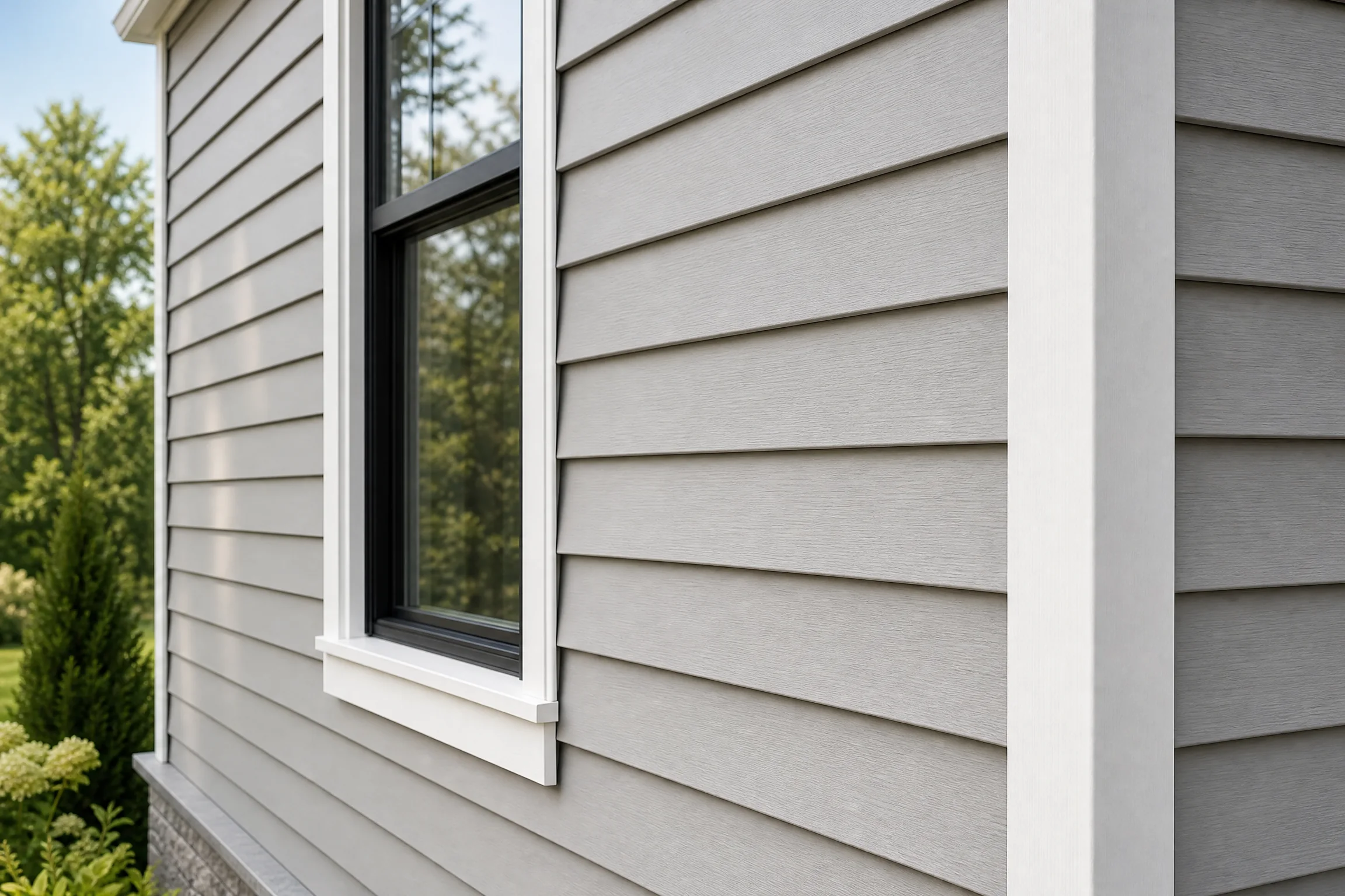 Close exterior detail showing light-gray horizontal vinyl siding beside a trimmed window.